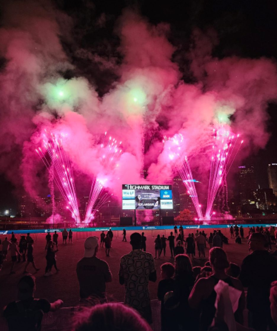 Fireworks over Highmark Stadium at night during a Wolf team outing